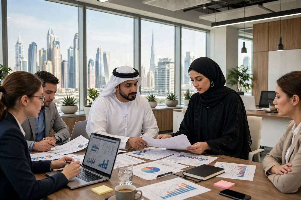 Emirati business owners reviewing financial reports with the Rao Finance team in Dubai
