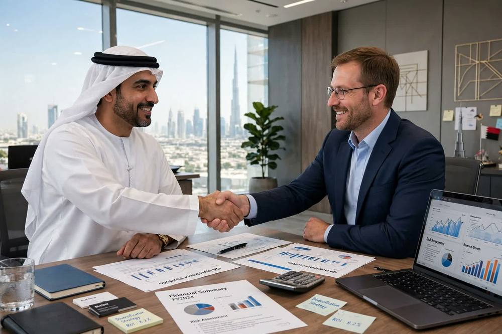 Emirati business owner shaking hands with his finance consultant in Dubai